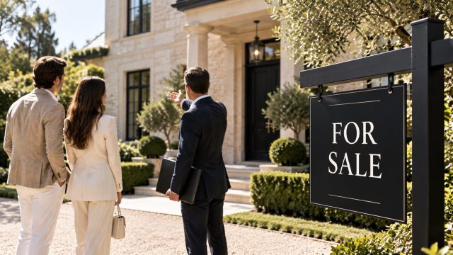 Real estate agent presents a luxury home to prospective buyers beside a prominent for sale sign and manicured landscaping.