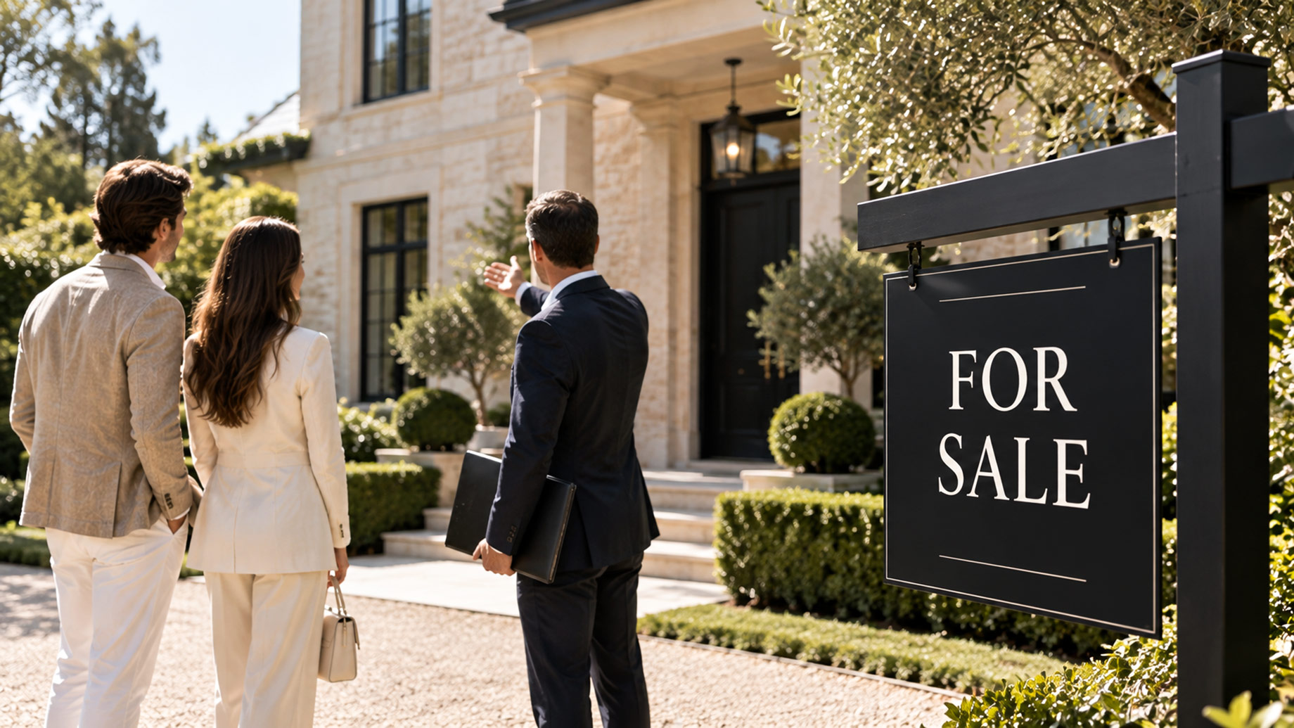Real estate agent presents a luxury home to prospective buyers beside a prominent for sale sign and manicured landscaping.