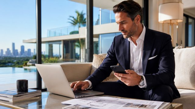 Luxury real estate professional using a laptop and smartphone beside floor plans inside a modern property with city views.