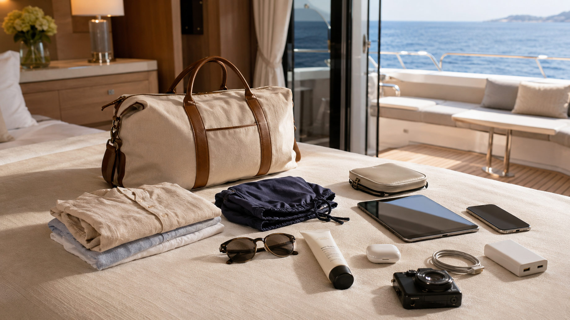 Soft travel bag, lightweight clothing, sunglasses, sunscreen, tablet, smartphone, earbuds, charger, and camera arranged inside a luxury yacht cabin.