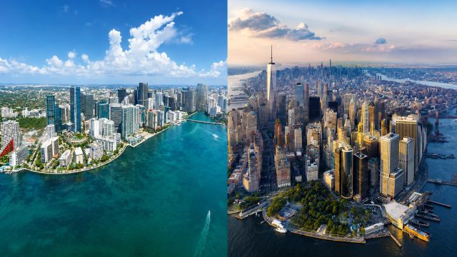 Split aerial view of Miami waterfront towers beside the Manhattan skyline, contrasting two major US luxury real estate markets.