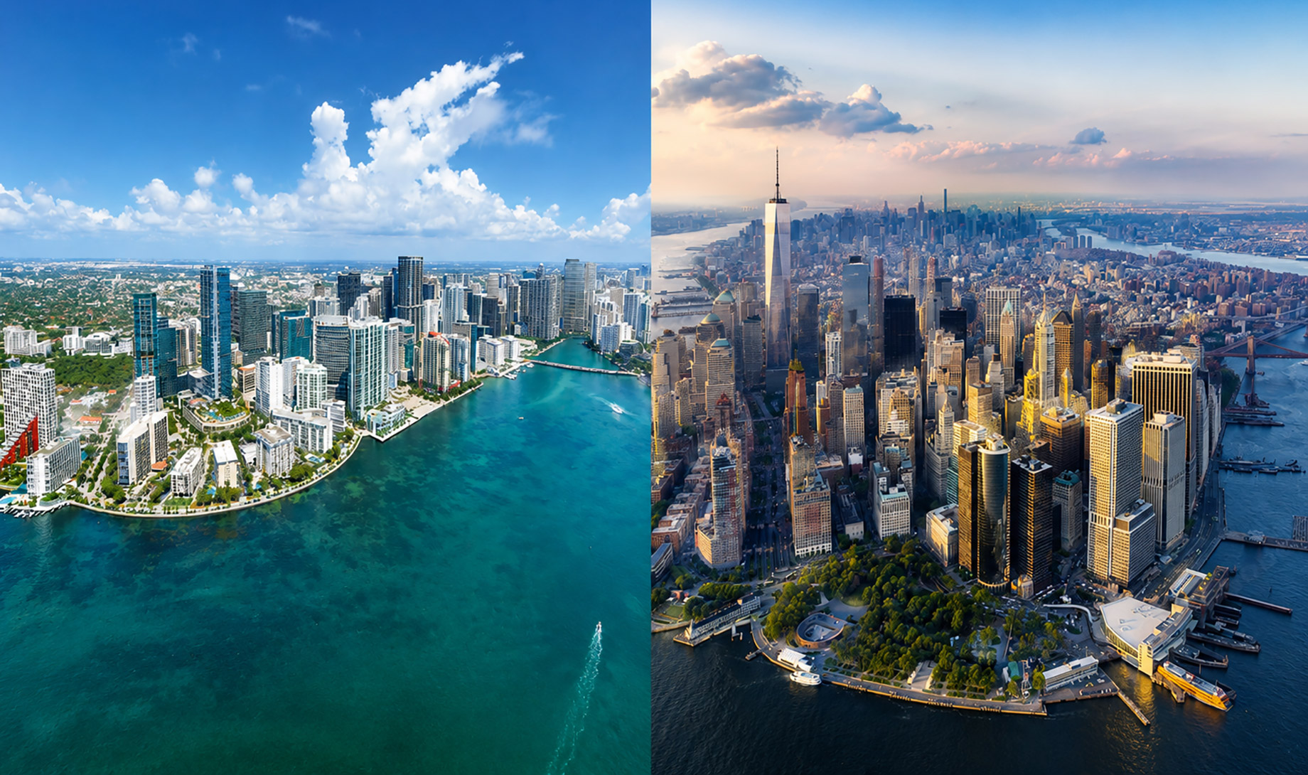 Split aerial view of Miami waterfront towers beside the Manhattan skyline, contrasting two major US luxury real estate markets.