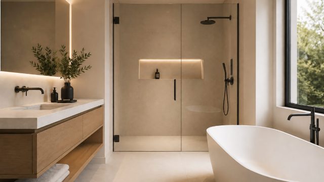 Minimalist luxury bathroom with a floating wood vanity, freestanding bathtub, enclosed glass shower, black fixtures, and warm integrated lighting.