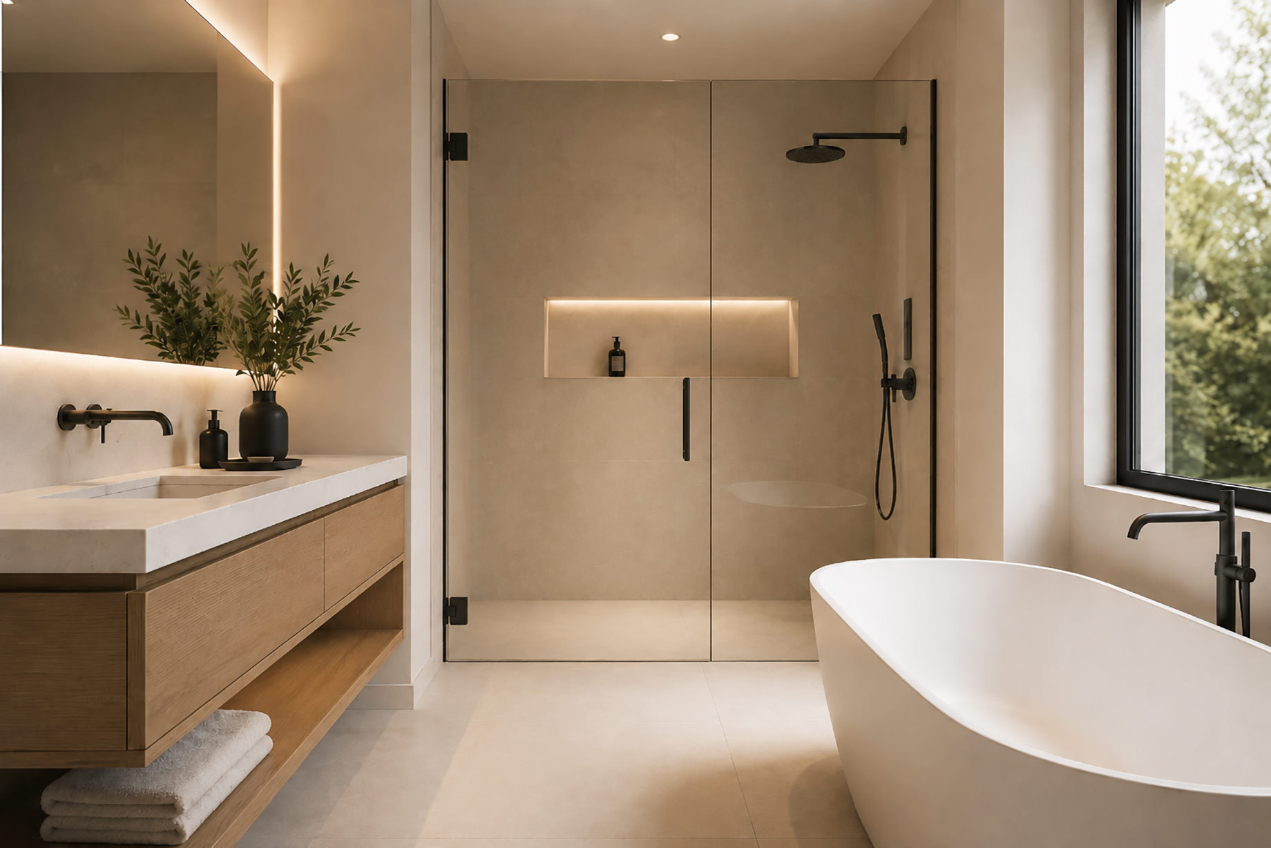 Minimalist luxury bathroom with a floating wood vanity, freestanding bathtub, enclosed glass shower, black fixtures, and warm integrated lighting.