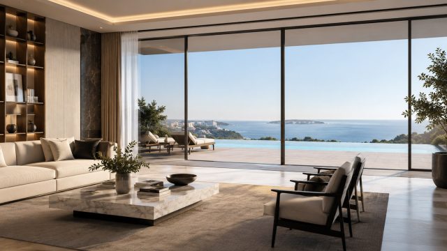 Minimalist Luxury Living Room With Ocean Terrace
