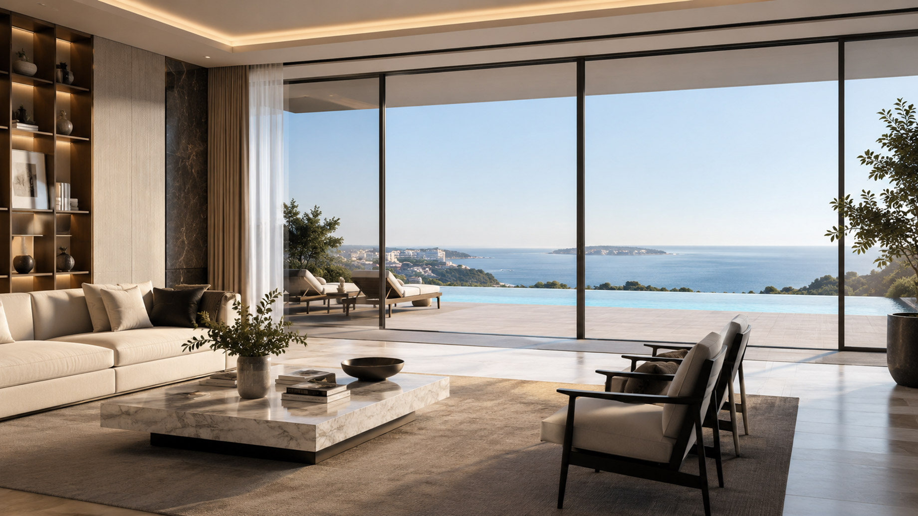 Minimalist Luxury Living Room With Ocean Terrace