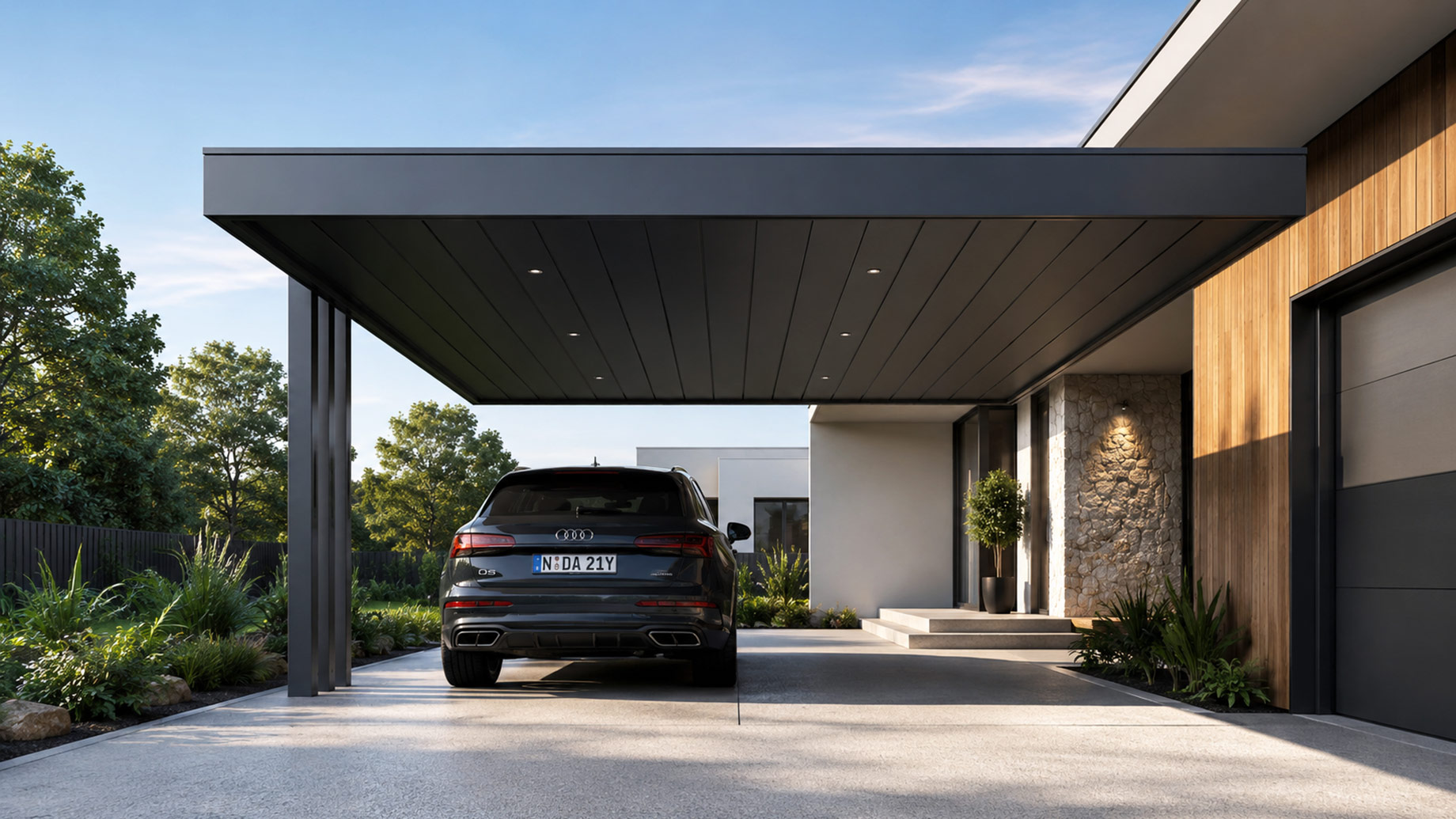 Charcoal aluminium cantilever carport with single-sided supports sheltering a modern SUV beside a contemporary Australian home.