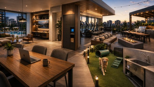 Modern apartment community with a coworking lounge, package lockers, fitness equipment, rooftop seating, outdoor kitchen, fire pit, dog park, pet wash station, and pool.