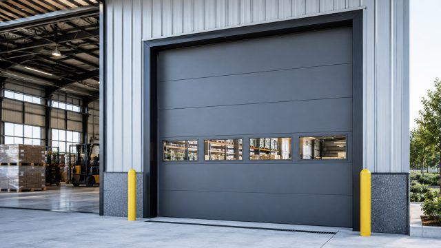 Gray sectional commercial garage door at a warehouse loading bay with viewing windows, yellow bollards, pallets, and forklifts nearby.
