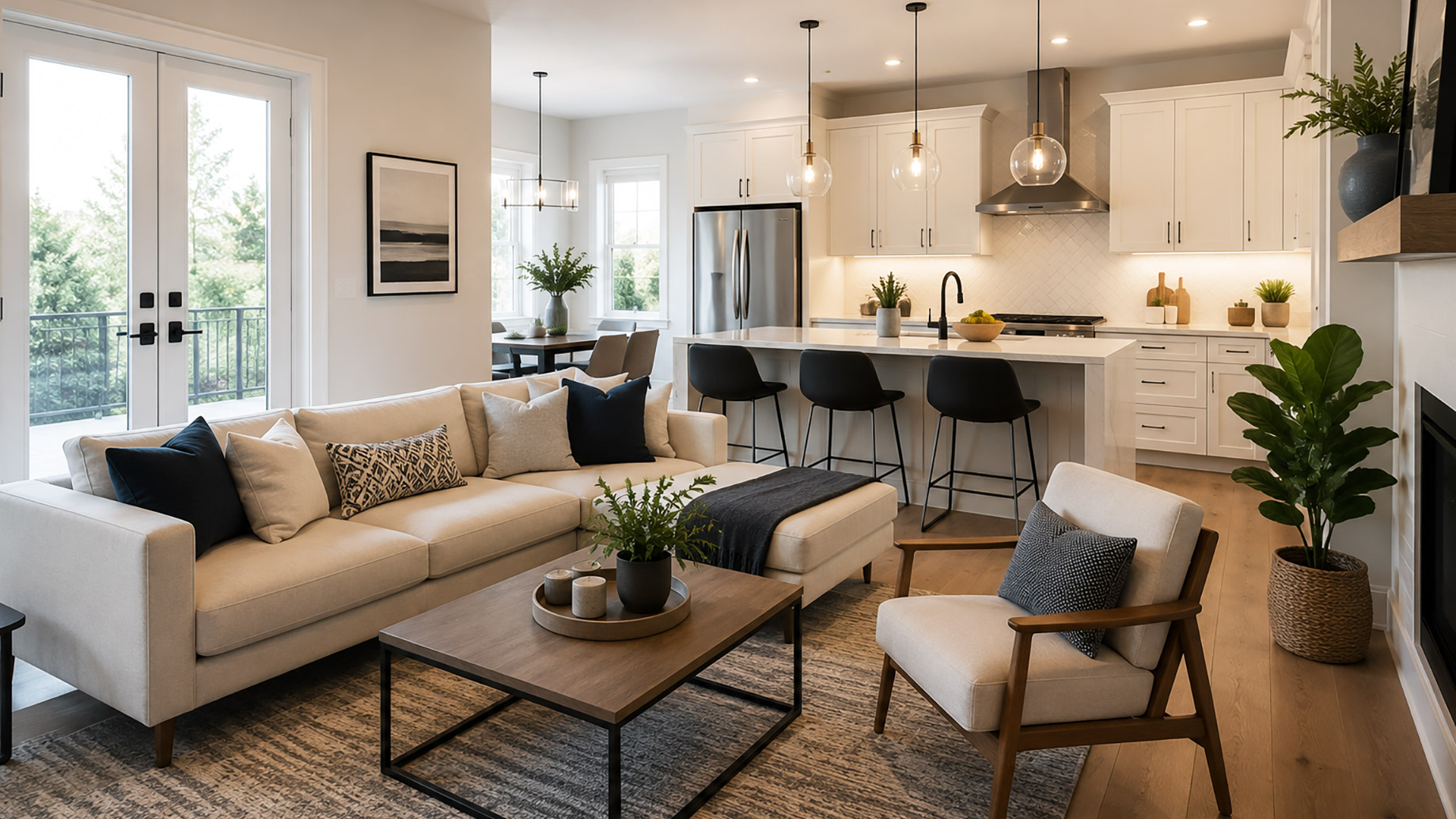 Bright modern open-plan living room and kitchen with neutral colors, updated lighting, white cabinetry, plants, and clean contemporary finishes.