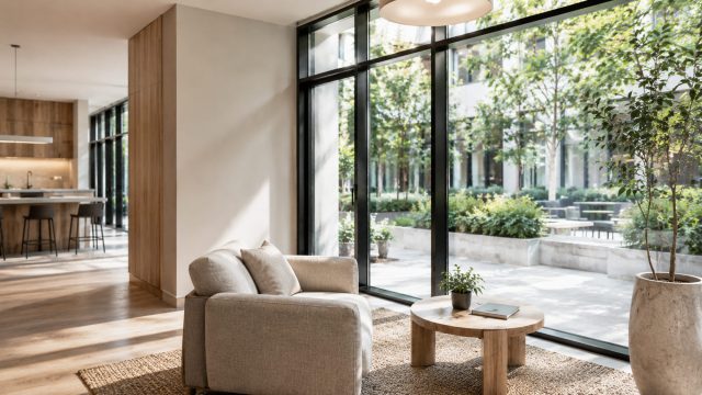 Minimal student community lounge with a neutral armchair, round wooden table, floor-to-ceiling windows, and views of a landscaped courtyard.