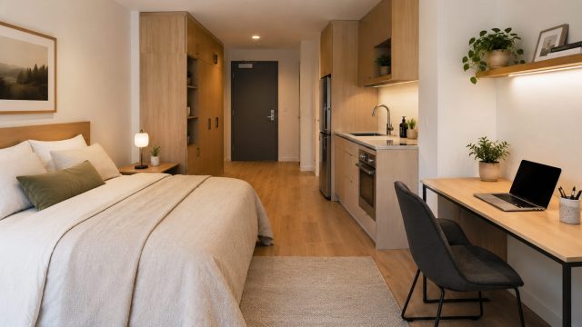 Modern student studio with a comfortable bed, compact kitchen, built-in storage, study desk, ergonomic chair, and a single laptop.