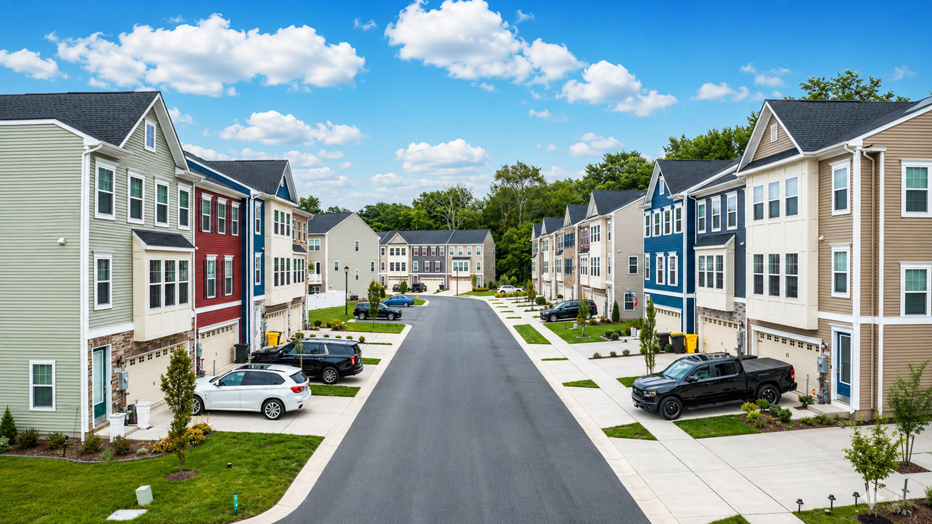 Modern townhomes along a clean suburban street with driveways, parked cars, small lawns, sidewalks, and a bright blue sky.