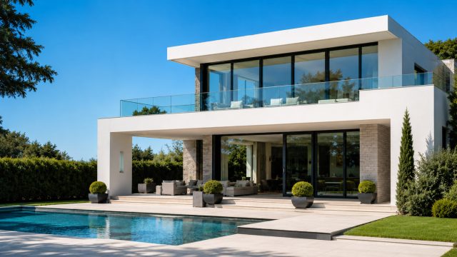 A modern two-storey villa with a white exterior, large glass windows, a balcony, terrace seating, trimmed greenery, and a rectangular swimming pool under a clear blue sky.