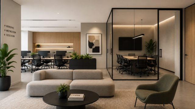 Modern Melbourne office with a minimalist lounge, glass meeting room, open workstations, integrated greenery, timber finishes, and clean lighting.