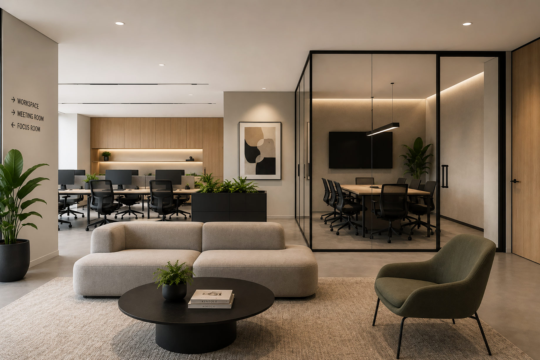 Modern Melbourne office with a minimalist lounge, glass meeting room, open workstations, integrated greenery, timber finishes, and clean lighting.
