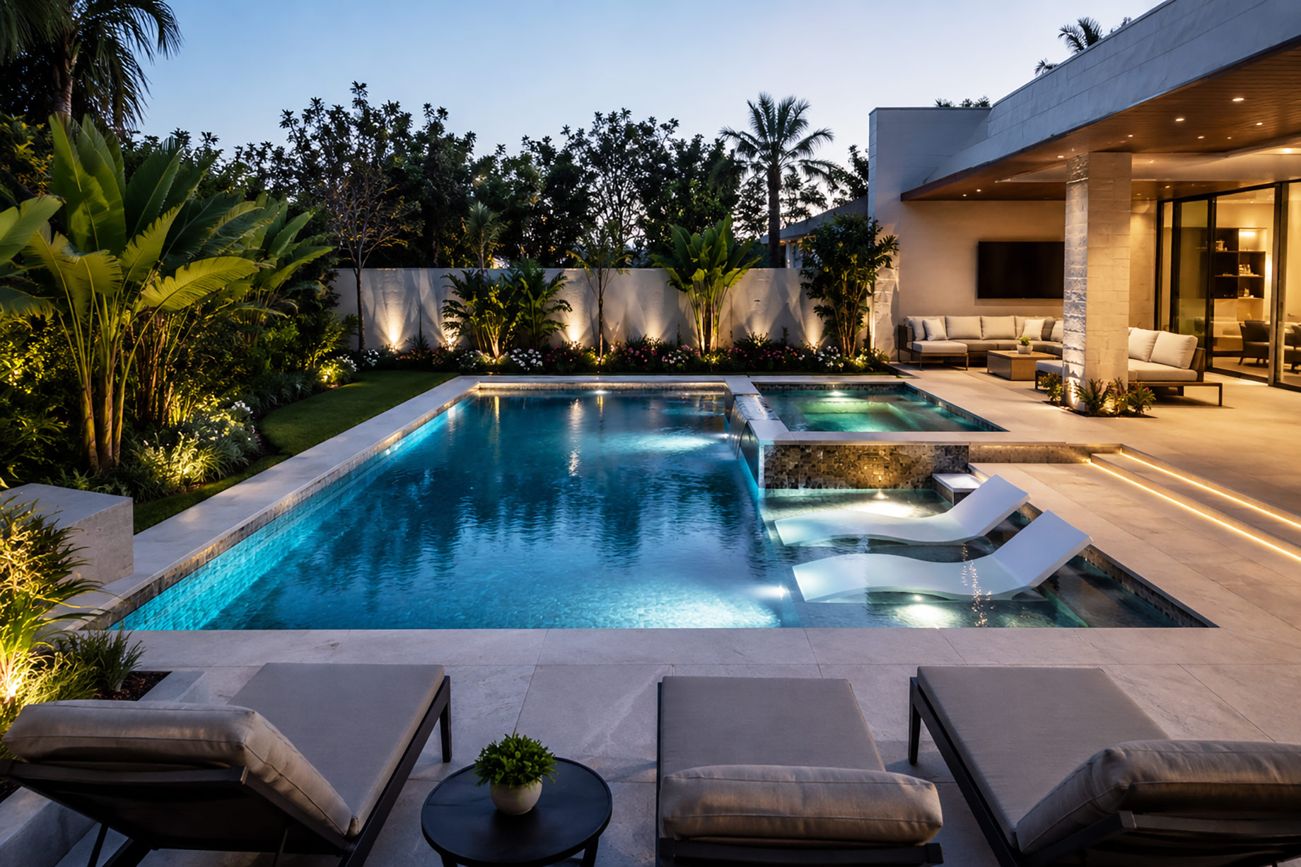 Renovated luxury swimming pool with contemporary stone paving, integrated lighting, a raised spa, landscaped greenery, and a modern outdoor lounge.