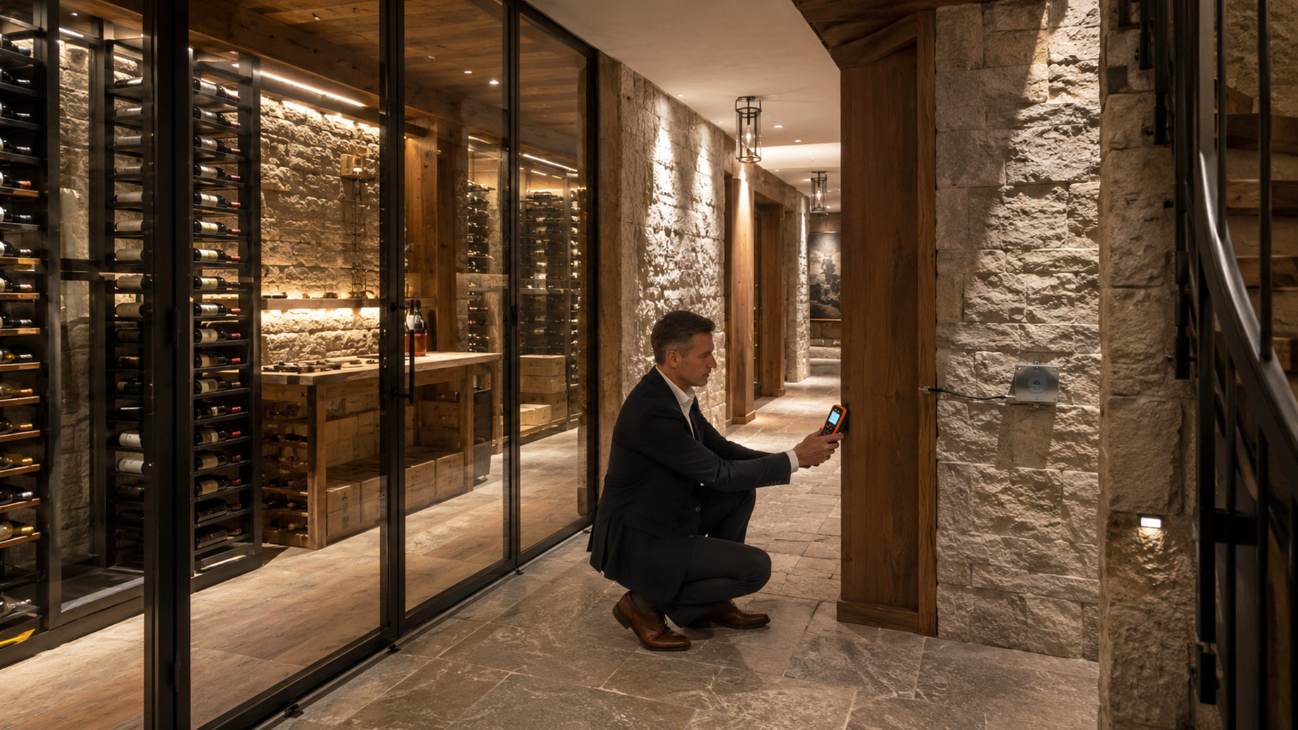 Property specialist using a moisture analyzer beside a stone wall in a luxury wine cellar with glass-enclosed bottle storage.