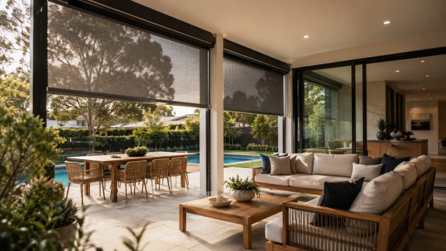 Modern Australian alfresco area with track-guided outdoor blinds, timber lounge furniture, dining space, swimming pool, and garden views.