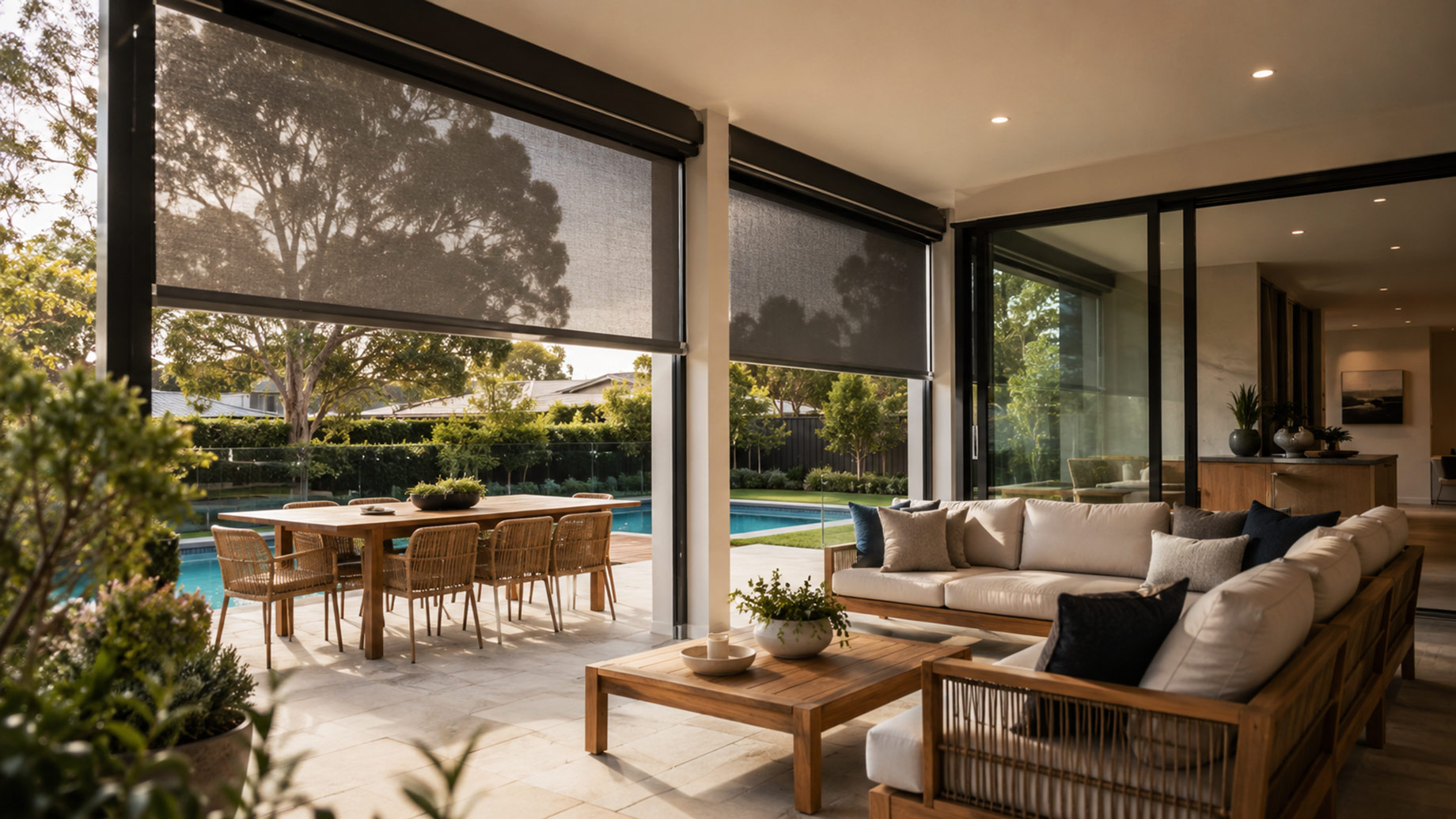 Modern Australian alfresco area with track-guided outdoor blinds, timber lounge furniture, dining space, swimming pool, and garden views.