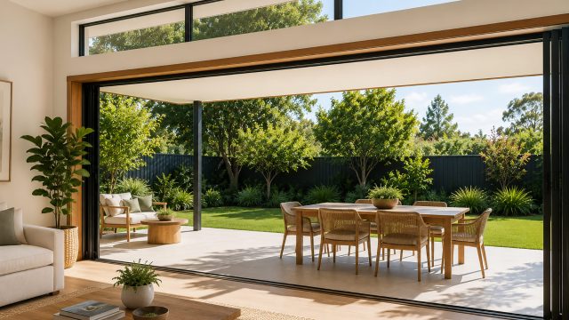 Bright Australian living room opening through wide sliding glass doors to a shaded outdoor dining area and landscaped garden.