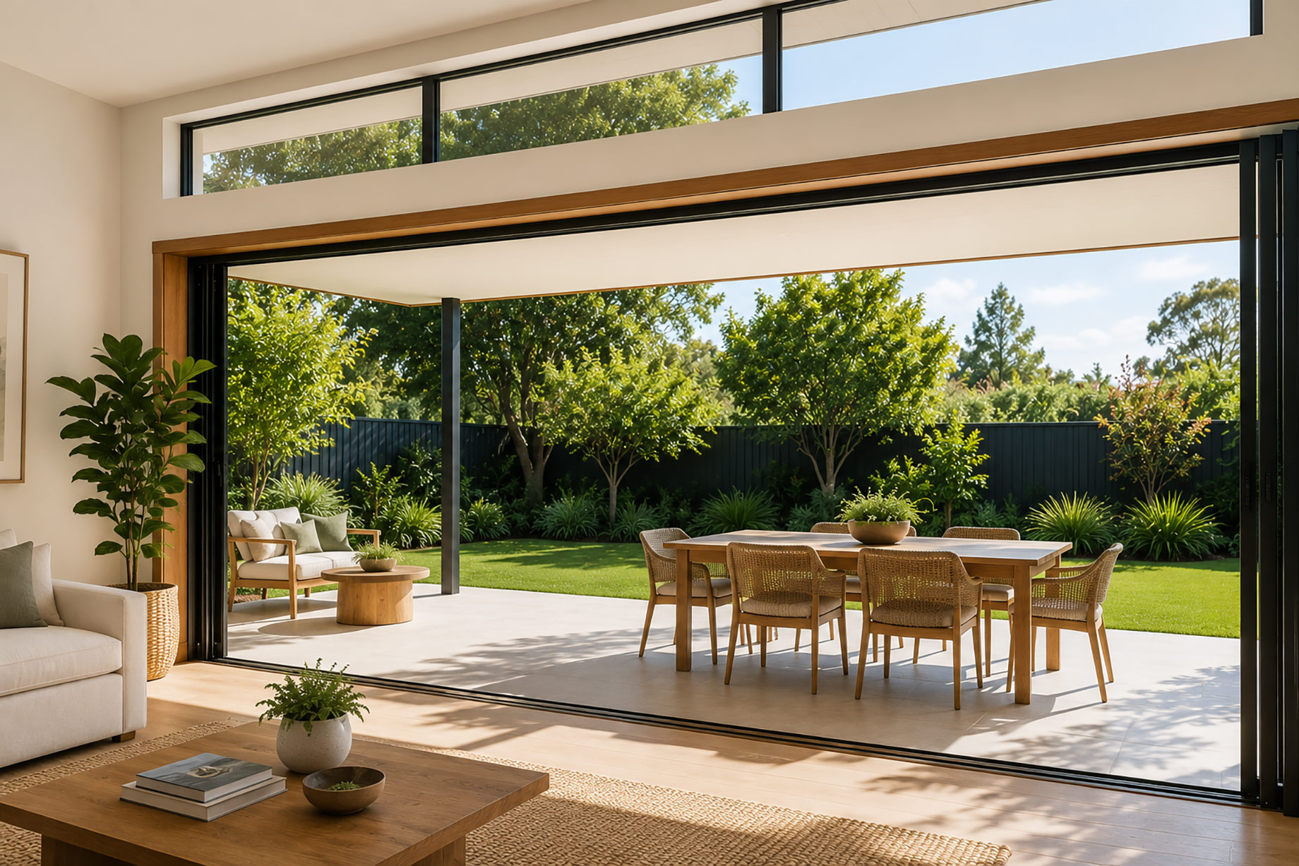 Bright Australian living room opening through wide sliding glass doors to a shaded outdoor dining area and landscaped garden.