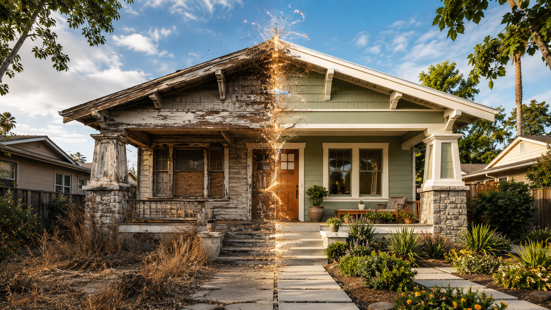 Neglected and restored halves of a North Park Craftsman bungalow divided through the centre front door by a computer-animated transformation.