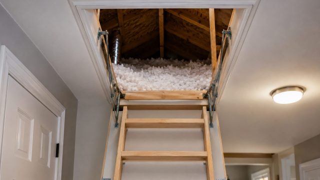 Open ceiling attic hatch with a fitted pull-down ladder revealing loose-fill insulation, timber roof framing, and ventilation ductwork.