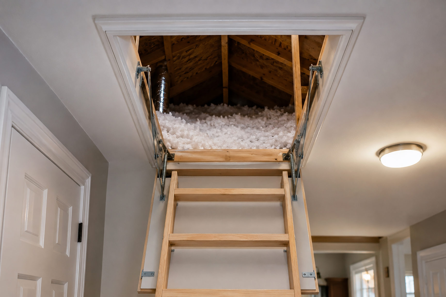 Open ceiling attic hatch with a fitted pull-down ladder revealing loose-fill insulation, timber roof framing, and ventilation ductwork.
