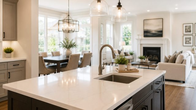 Bright open-concept kitchen with a large stone island, modern pendant lighting, dining area, fireplace, and coordinated neutral furnishings.