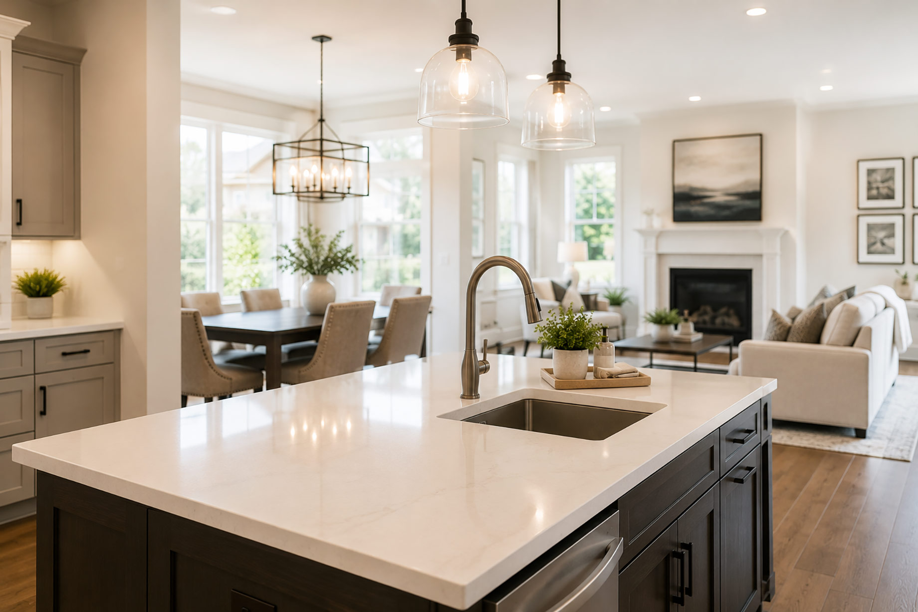 Bright open-concept kitchen with a large stone island, modern pendant lighting, dining area, fireplace, and coordinated neutral furnishings.