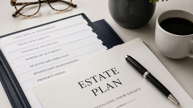 Estate planning folder with organized will, trust, beneficiary, property, financial, healthcare, and power of attorney documents.