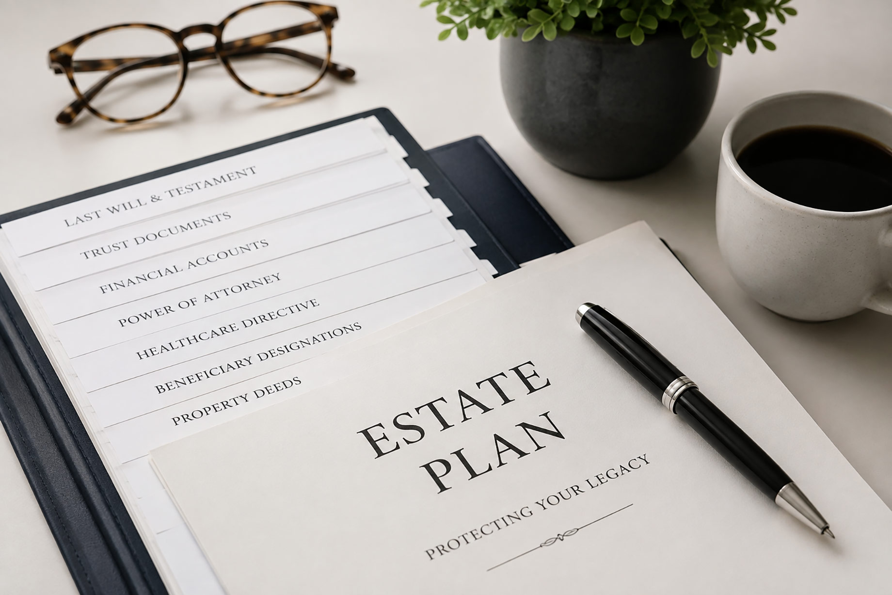 Estate planning folder with organized will, trust, beneficiary, property, financial, healthcare, and power of attorney documents.