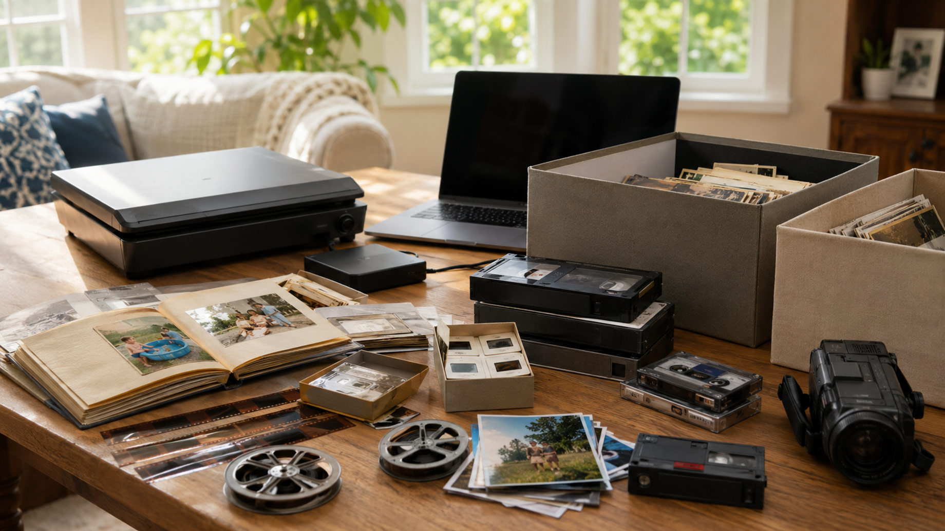 Family photographs, photo albums, VHS tapes, cassette tapes, film reels, slides, negatives, a scanner, and a laptop arranged for summer decluttering.