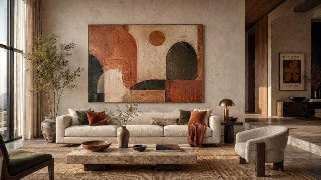 Luxury apartment living room with oversized abstract wall art, warm earthy tones, textured finishes, natural wood, stone, and curated decor.