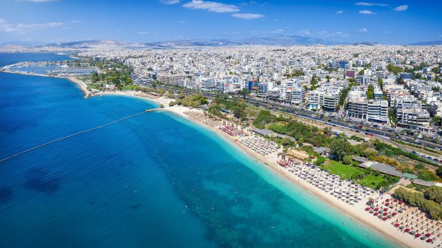 Panoramic Aerial View of the Coast of Athens, Greece in the Alimos District with Public Beaches and Yacht Marinas