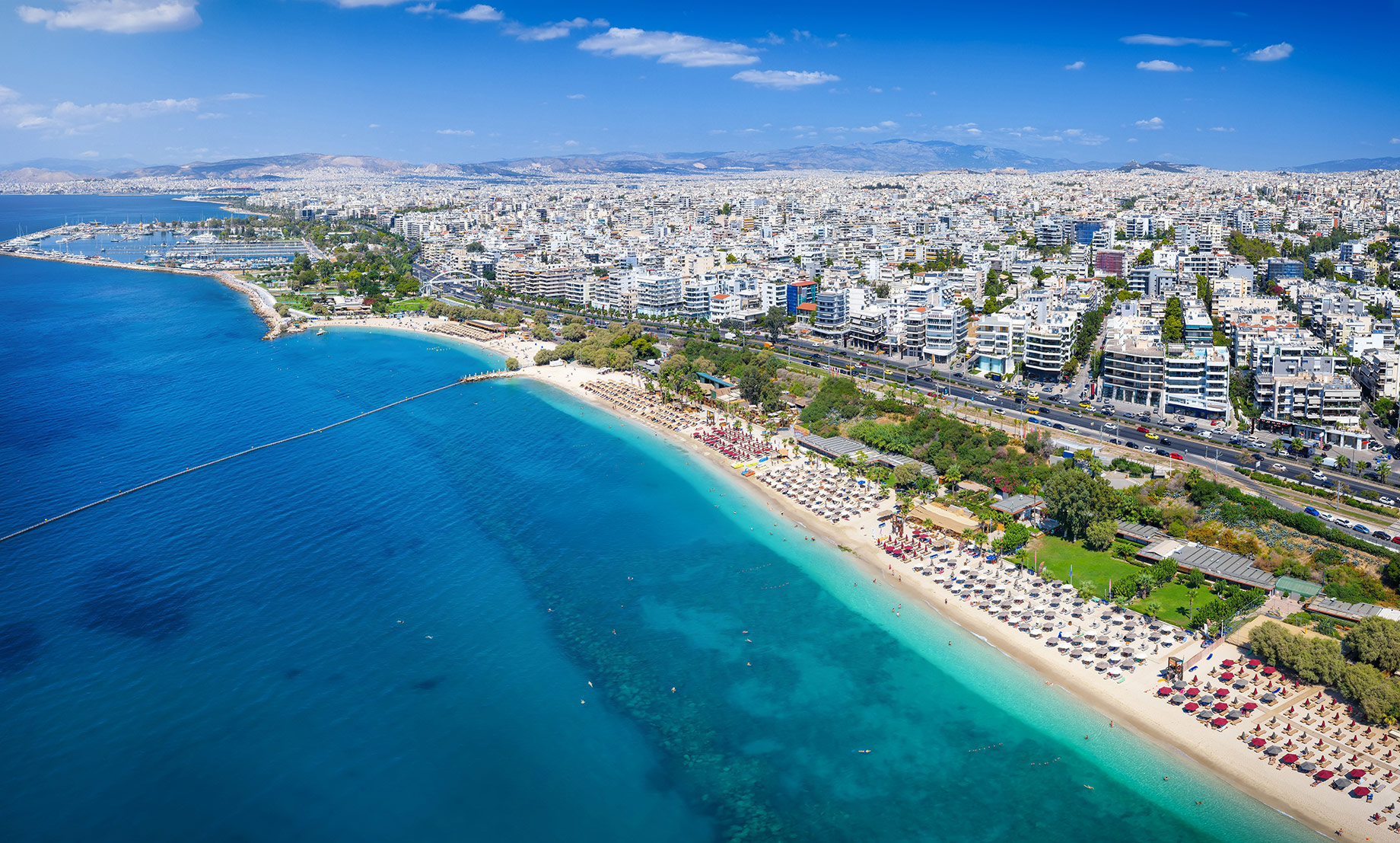 Panoramic Aerial View of the Coast of Athens, Greece in the Alimos District with Public Beaches and Yacht Marinas