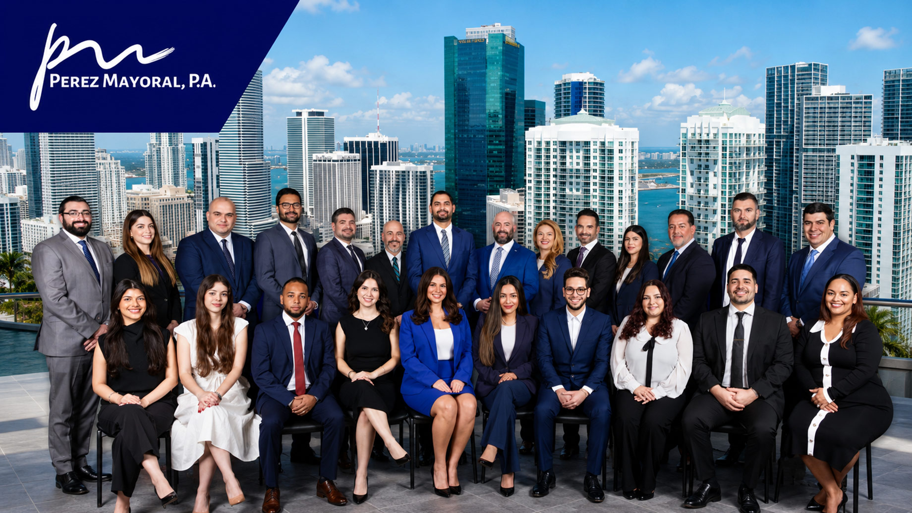 Perez Mayoral, P.A. legal team posed in front of the Miami skyline with the firm’s logo displayed in the upper-left corner.