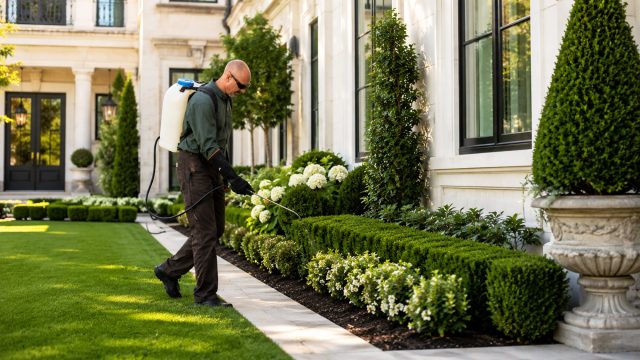 Pest control technician treating planting beds beside a luxury home with manicured hedges, stone edging, and formal landscaping.
