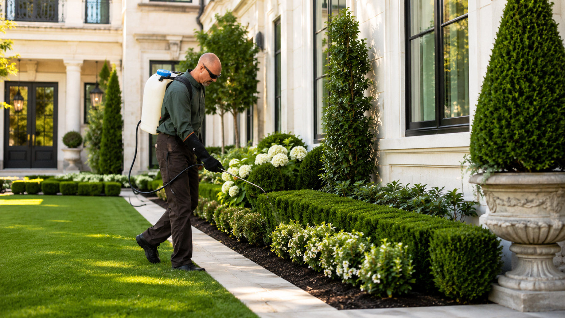 Pest control technician treating planting beds beside a luxury home with manicured hedges, stone edging, and formal landscaping.