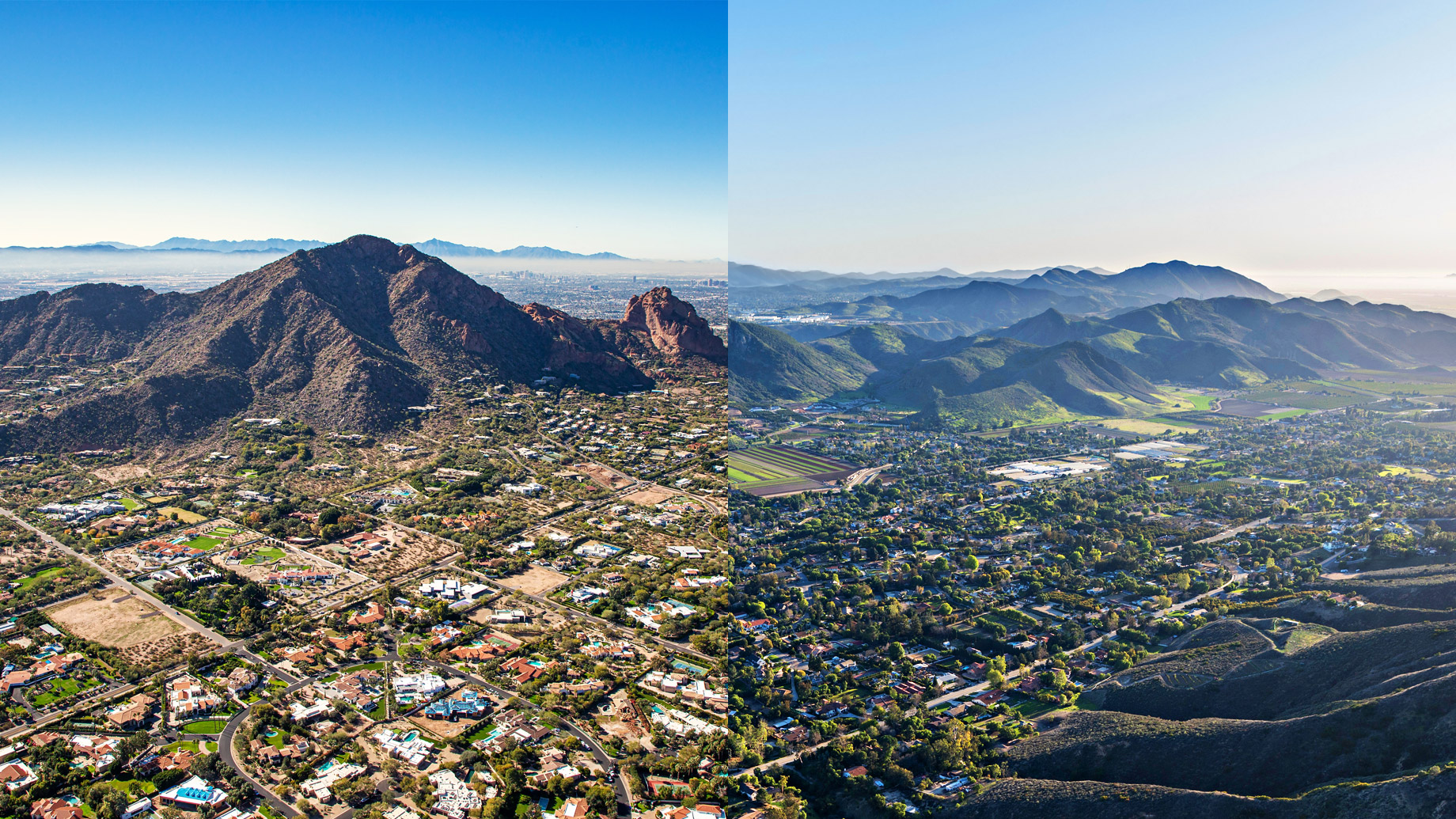 Split aerial view comparing Phoenix desert mountains and neighborhoods with Santa Rosa’s greener hills, valleys, and suburban landscape.