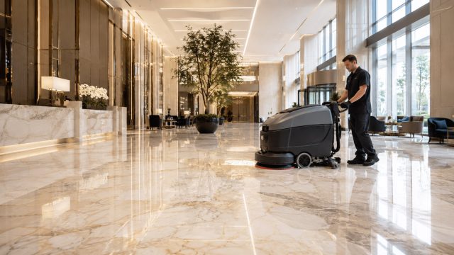 Cleaner operating an industrial floor scrubber on polished marble flooring in a luxury lobby with reception desk, seating, and tall windows.