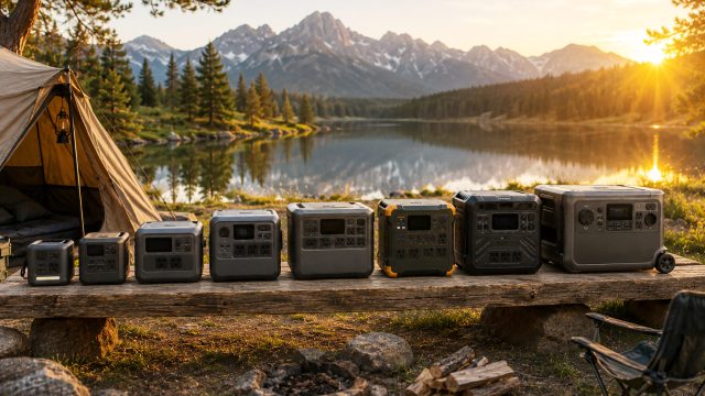 Eight portable power stations arranged from smallest to largest at a mountain lakeside campsite with a tent, fire pit, and folding chair.