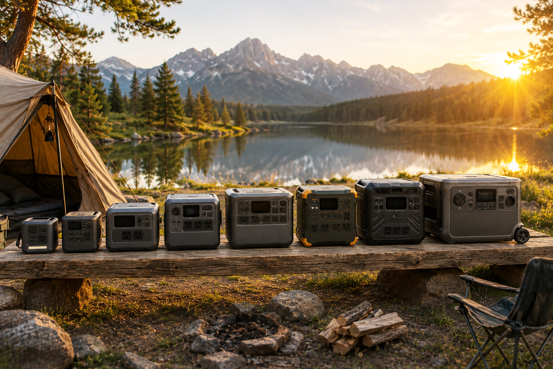 Eight portable power stations arranged from smallest to largest at a mountain lakeside campsite with a tent, fire pit, and folding chair.