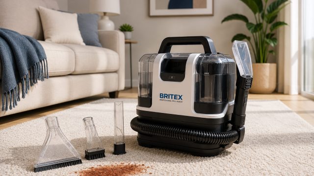 Compact portable spot cleaner with hose and specialised attachments positioned beside a fresh stain on a light living room carpet.