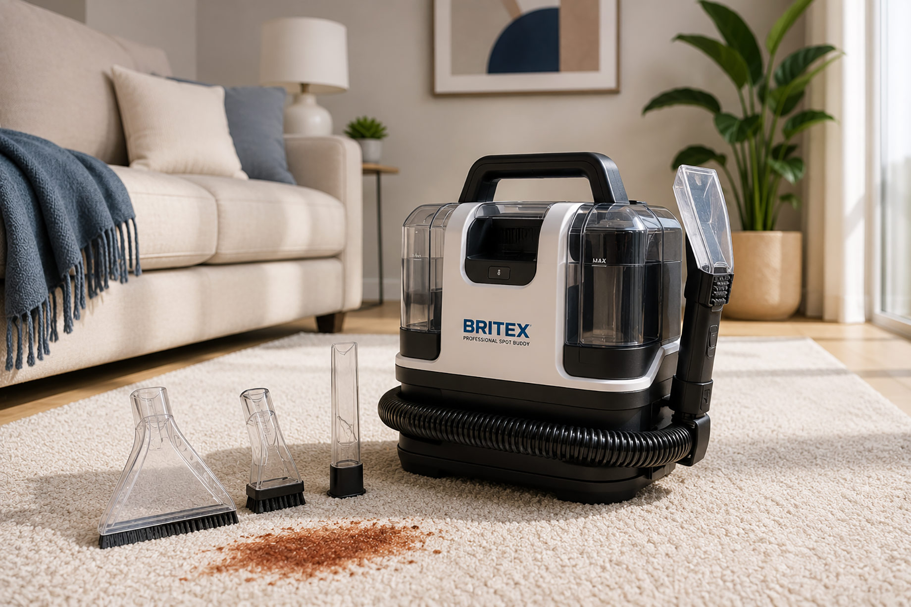 Compact portable spot cleaner with hose and specialised attachments positioned beside a fresh stain on a light living room carpet.