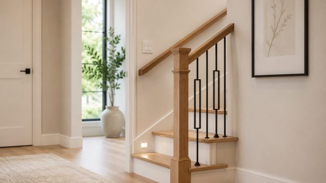 Modern staircase with oak treads, secure handrails, subtle step lighting, and a clear hallway designed for comfortable daily movement.