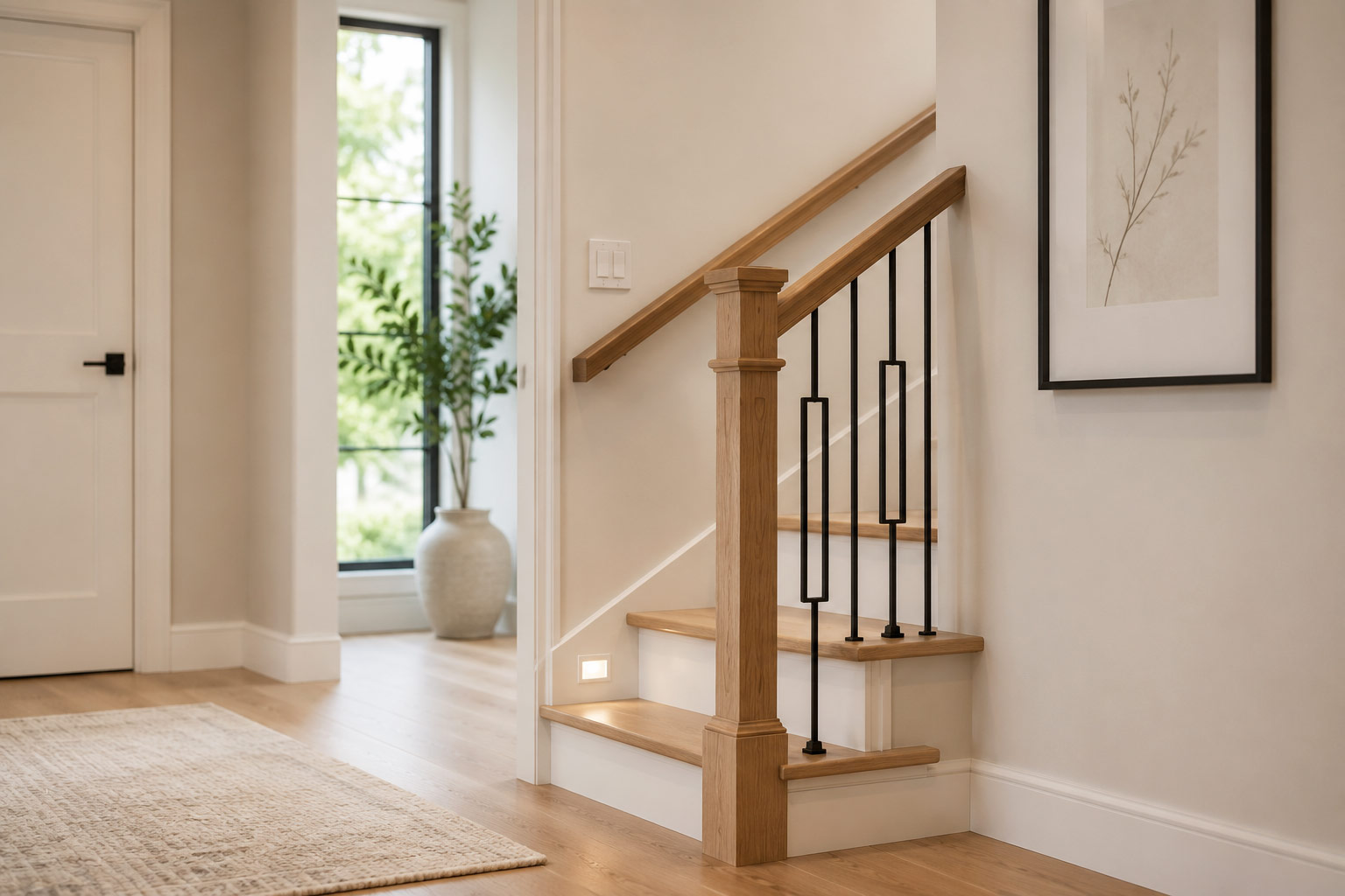 Modern staircase with oak treads, secure handrails, subtle step lighting, and a clear hallway designed for comfortable daily movement.