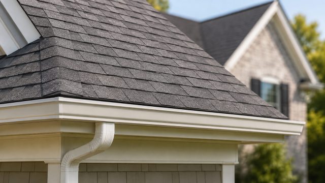 Close-up of precisely installed architectural shingles, fascia, guttering, and downspout on a well-maintained residential roof.