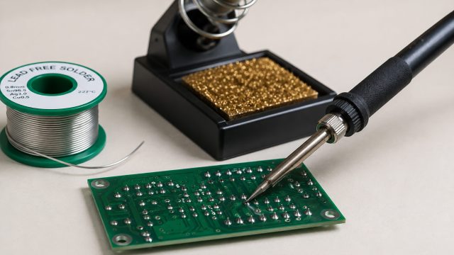 Soldering iron applies heat to a circuit board beside lead-free solder wire, a tip stand, and a brass tip cleaner on a clean workbench.